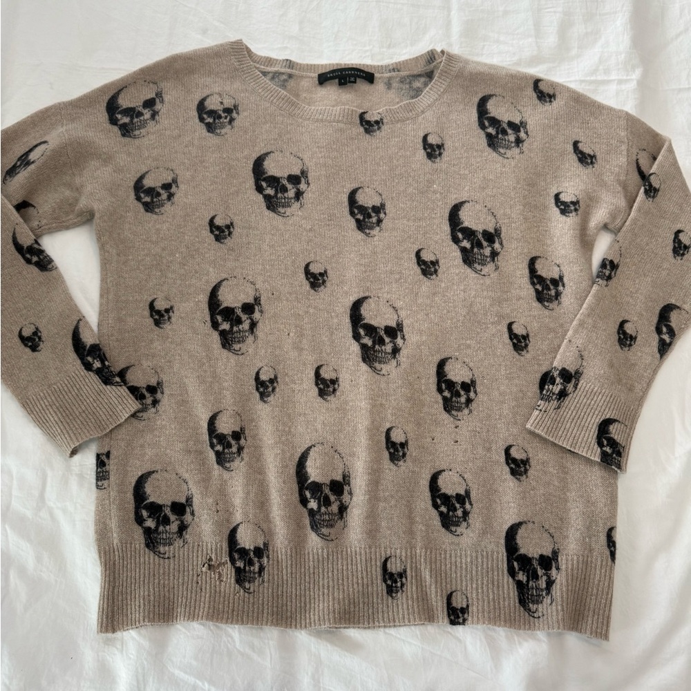 Skull Cashmere Tan Sweater with Black Skull Print, Damaged, 0500